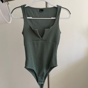 Green, S, V cut tank top with full coverage back